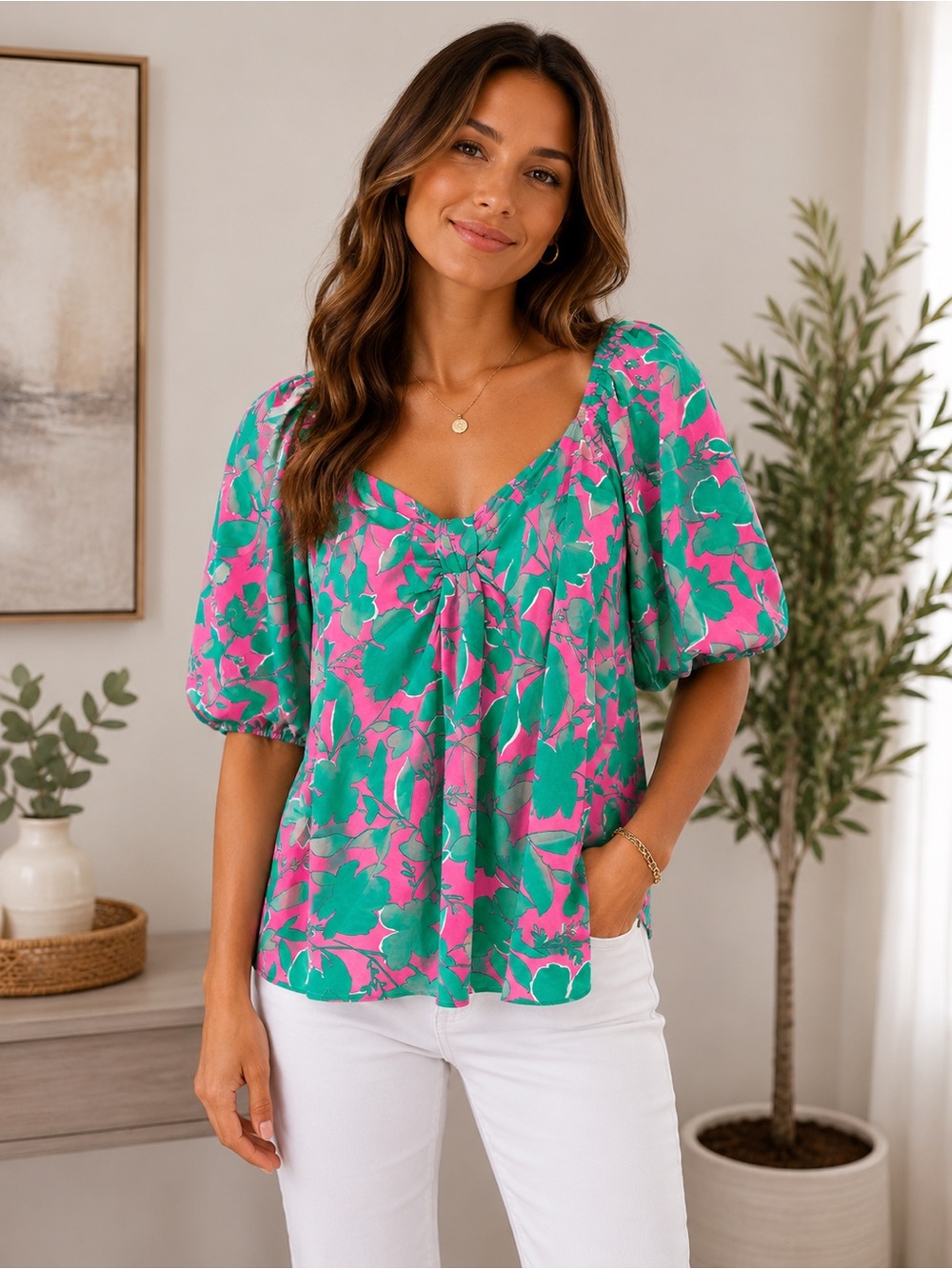 Umgee Teal & Pink Floral Tie-Front Blouse